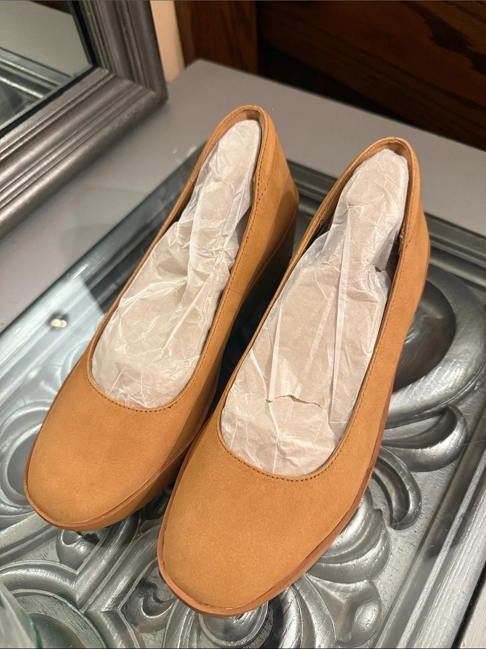 Vionic 6 Sutro Sereno Comfortable Tan Platform Wedge Pumps Camel Nubuck Leather